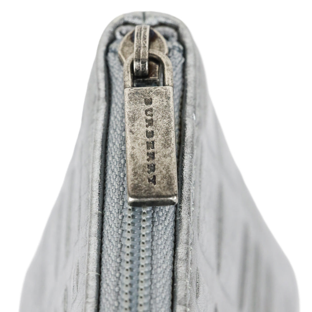 Burberry Metallic Silver Plaid Embossed Leather Cosmetic Pouch