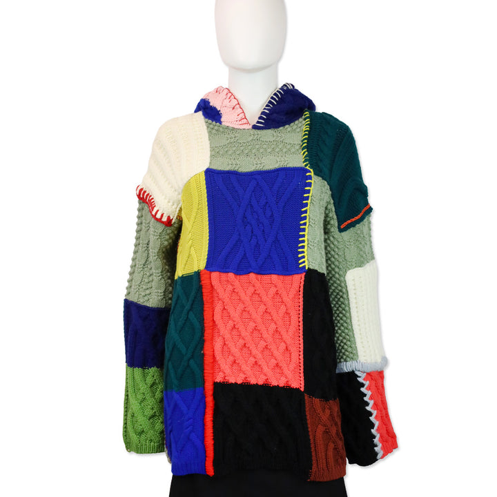 Burberry Multicolor Patchwork Wool Cotton Blend Hoodie Sweater