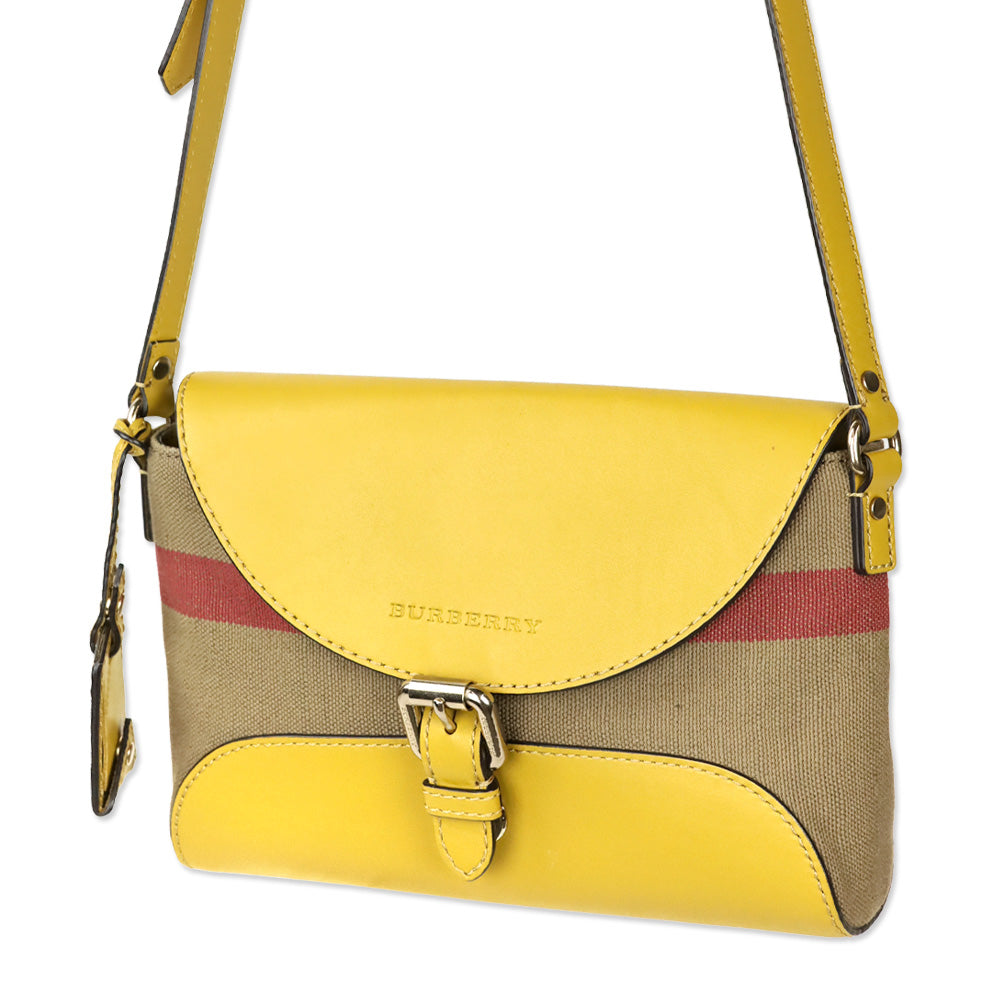 Burberry Mustard Yellow Leather & House Check Canvas Henham Small Crossbody