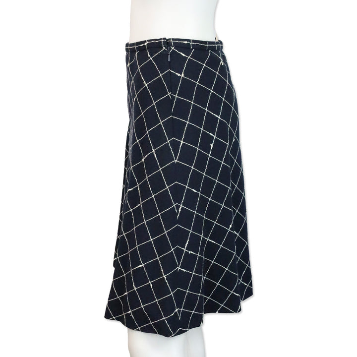 Burberry Navy Blue Window Pane Check Pattern Wool Midi Skirt