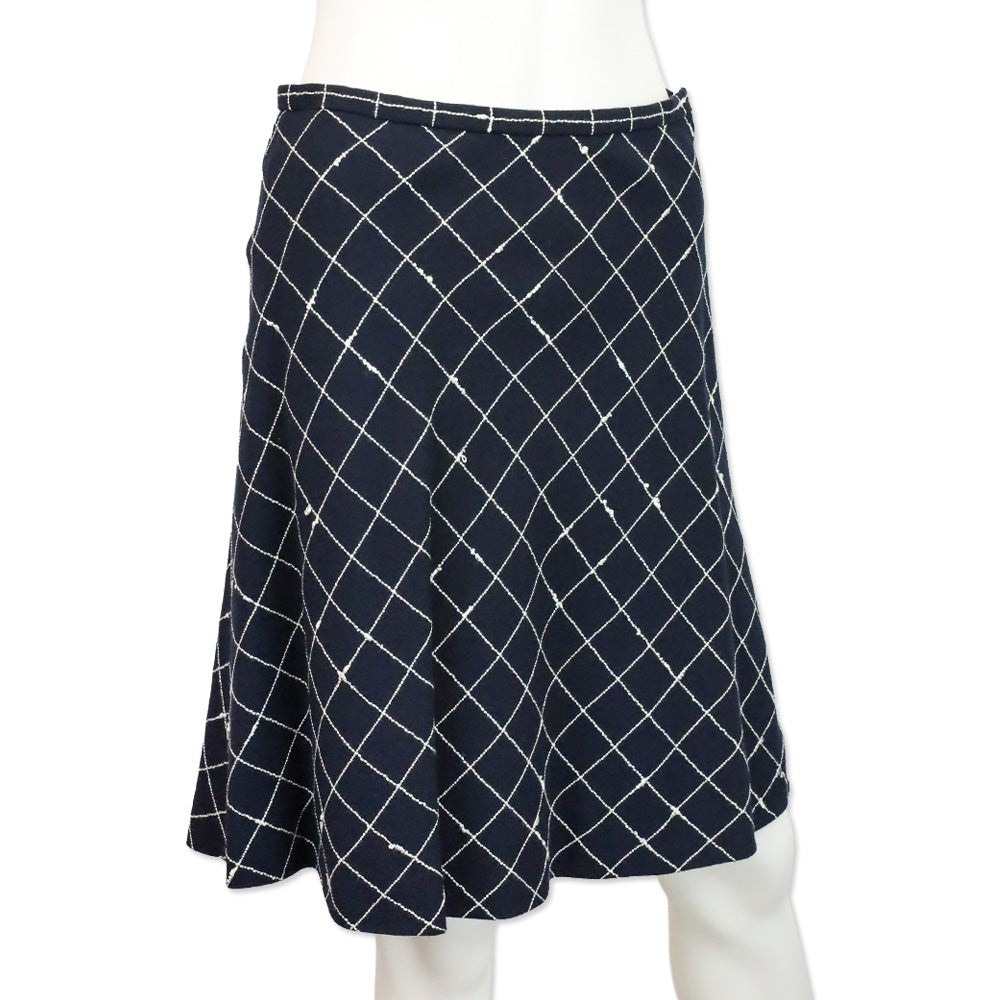 Burberry Navy Blue Window Pane Check Pattern Wool Midi Skirt