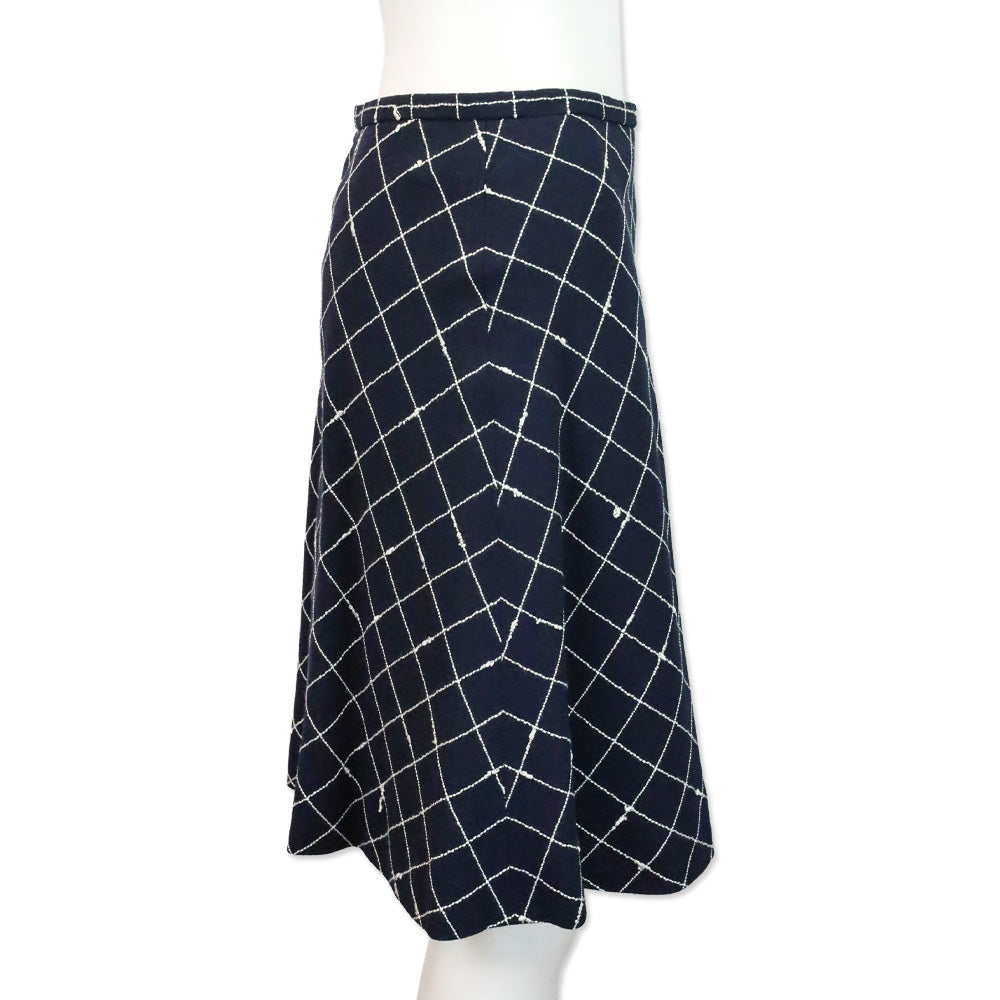 Burberry Navy Blue Window Pane Check Pattern Wool Midi Skirt