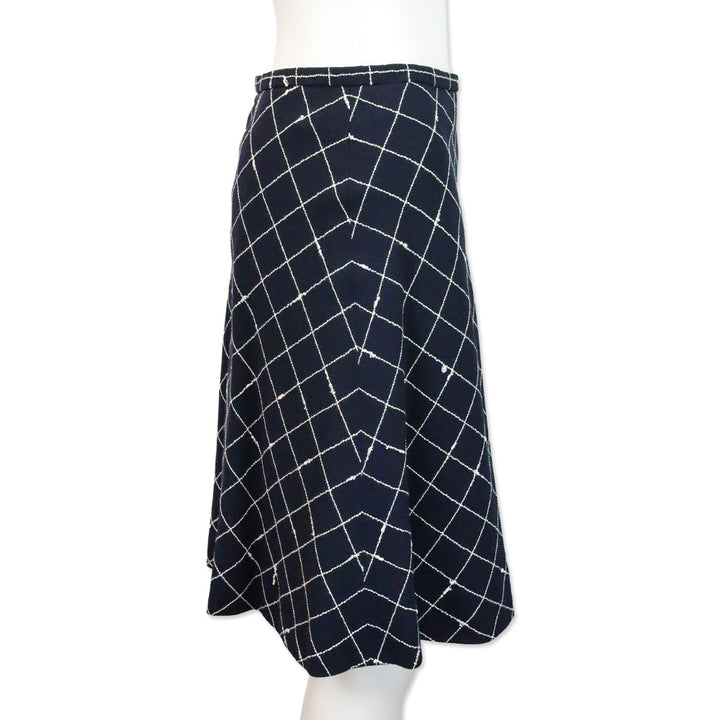 Burberry Navy Blue Window Pane Check Pattern Wool Midi Skirt