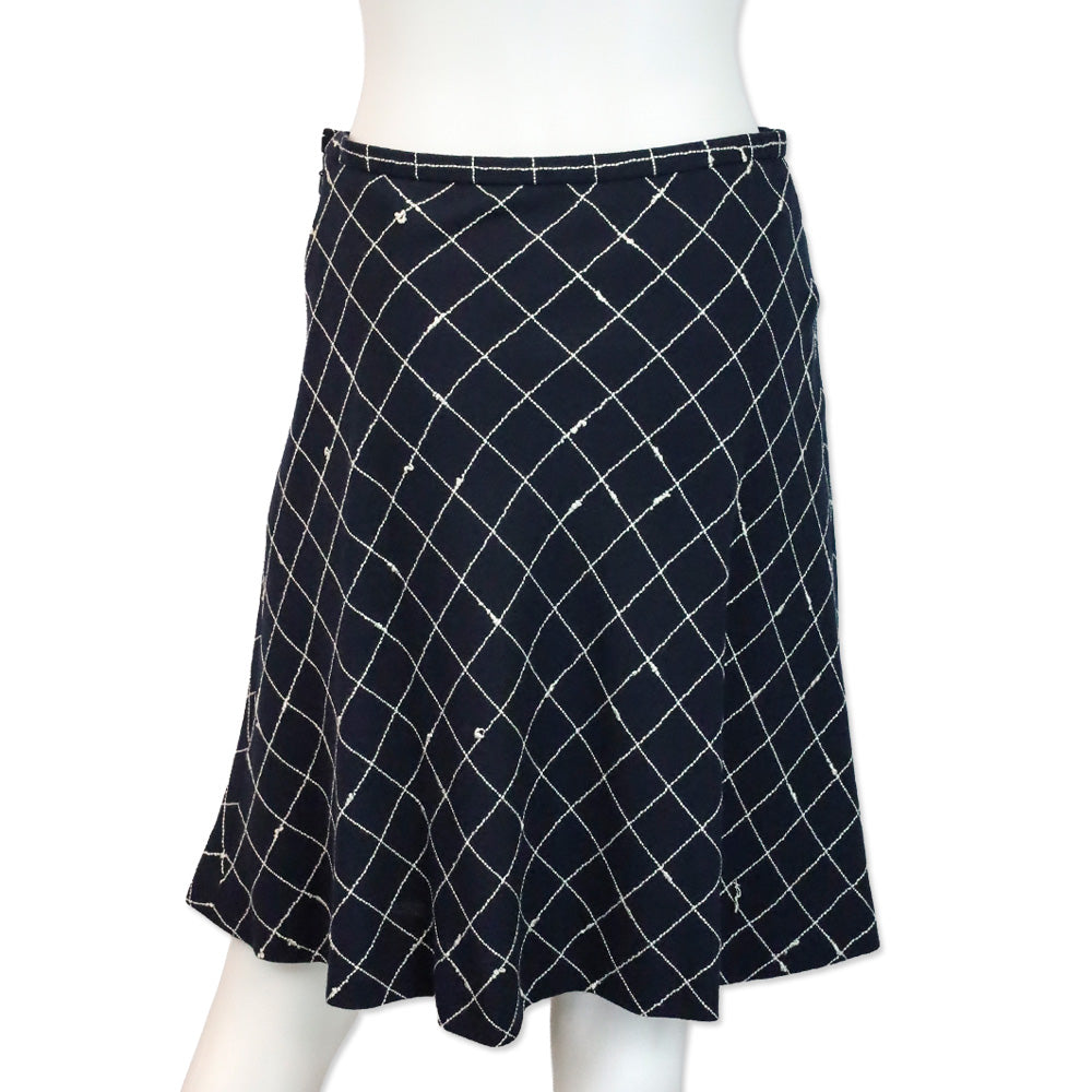 Burberry Navy Blue Window Pane Check Pattern Wool Midi Skirt
