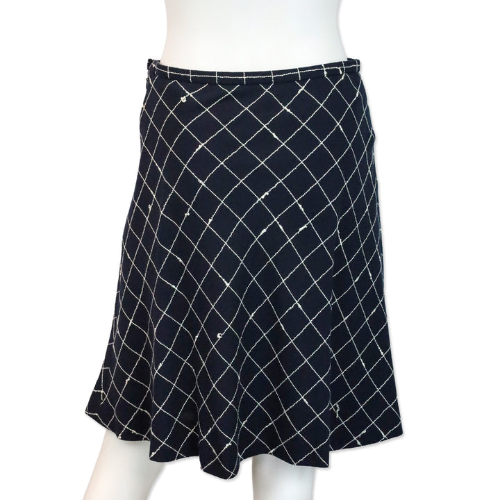 Burberry Navy Blue Window Pane Check Pattern Wool Midi Skirt