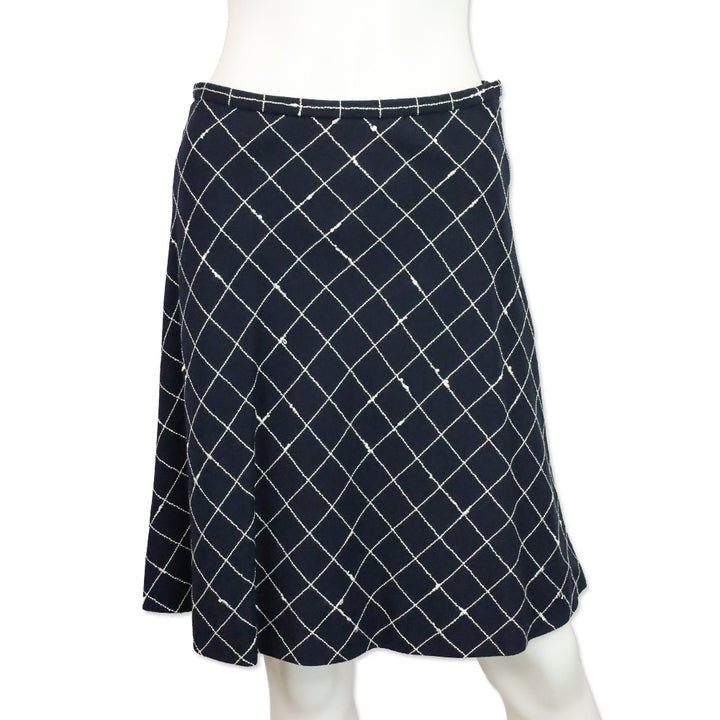 Burberry Navy Blue Window Pane Check Pattern Wool Midi Skirt