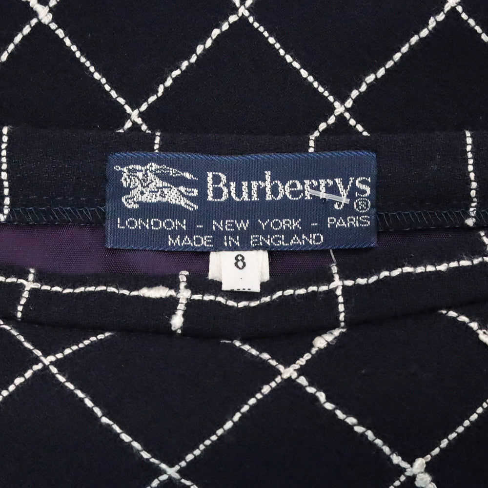 Burberry Navy Blue Window Pane Check Pattern Wool Midi Skirt