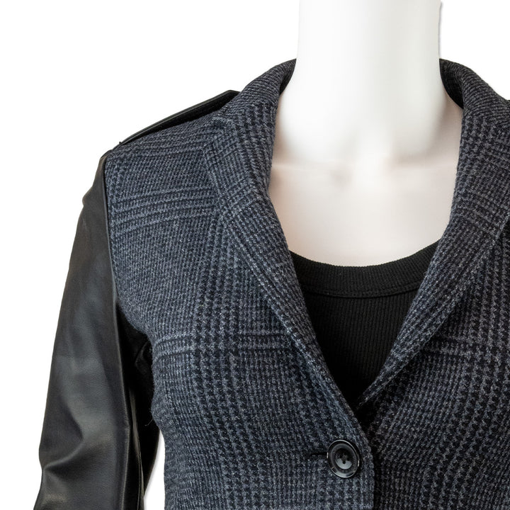 Burberry Navy Houndstooth Blazer with Black Leather Sleeves