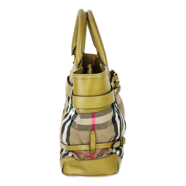 Burberry Olive Green Leather Bridle House Check Canvas Lynher Medium Tote Bag