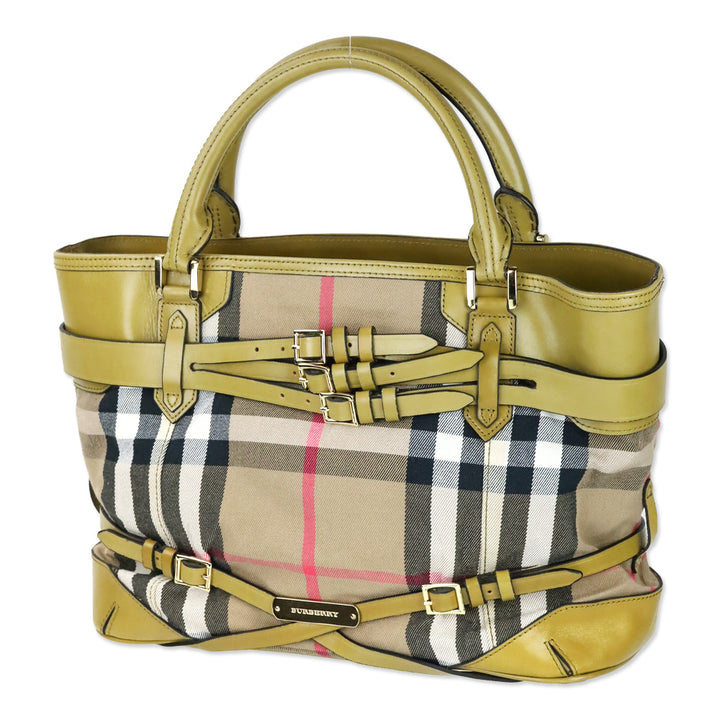 Burberry Olive Green Leather Bridle House Check Canvas Lynher Medium Tote Bag
