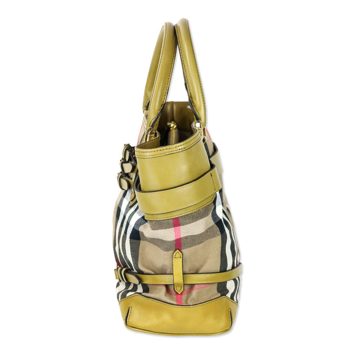 Burberry Olive Green Leather Bridle House Check Canvas Lynher Medium Tote Bag