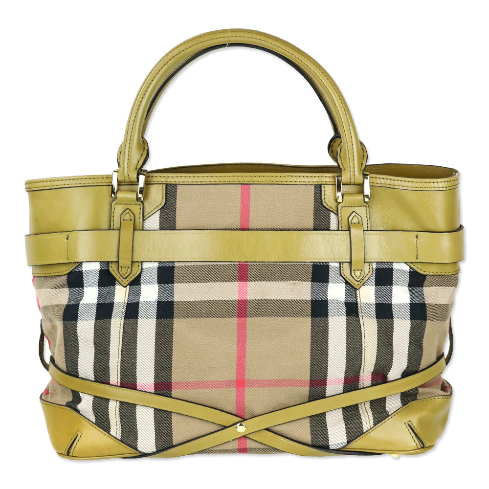 Burberry Olive Green Leather Bridle House Check Canvas Lynher Medium Tote Bag