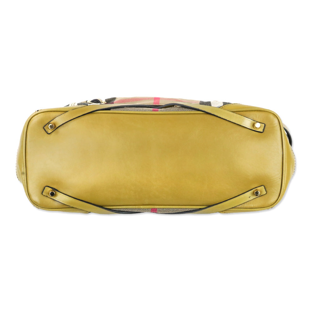 Burberry Olive Green Leather Bridle House Check Canvas Lynher Medium Tote Bag