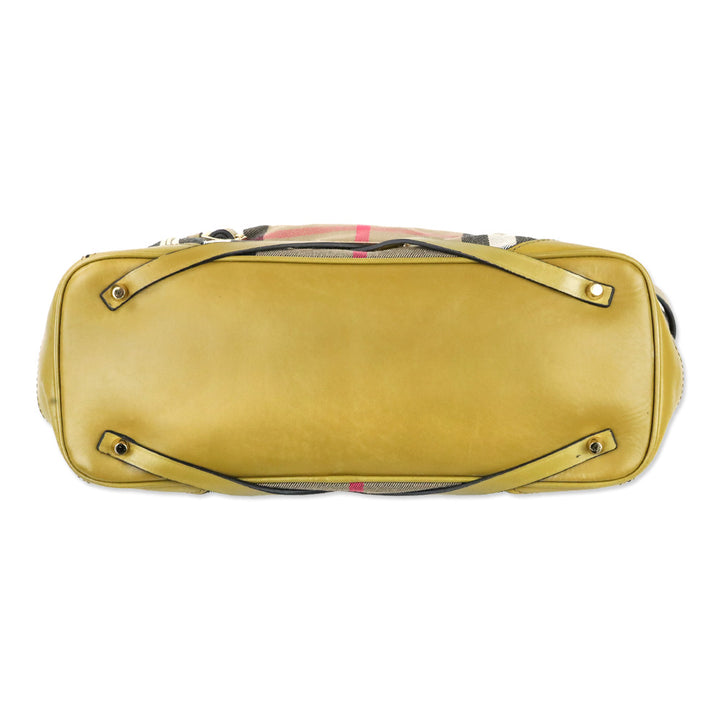 Burberry Olive Green Leather Bridle House Check Canvas Lynher Medium Tote Bag