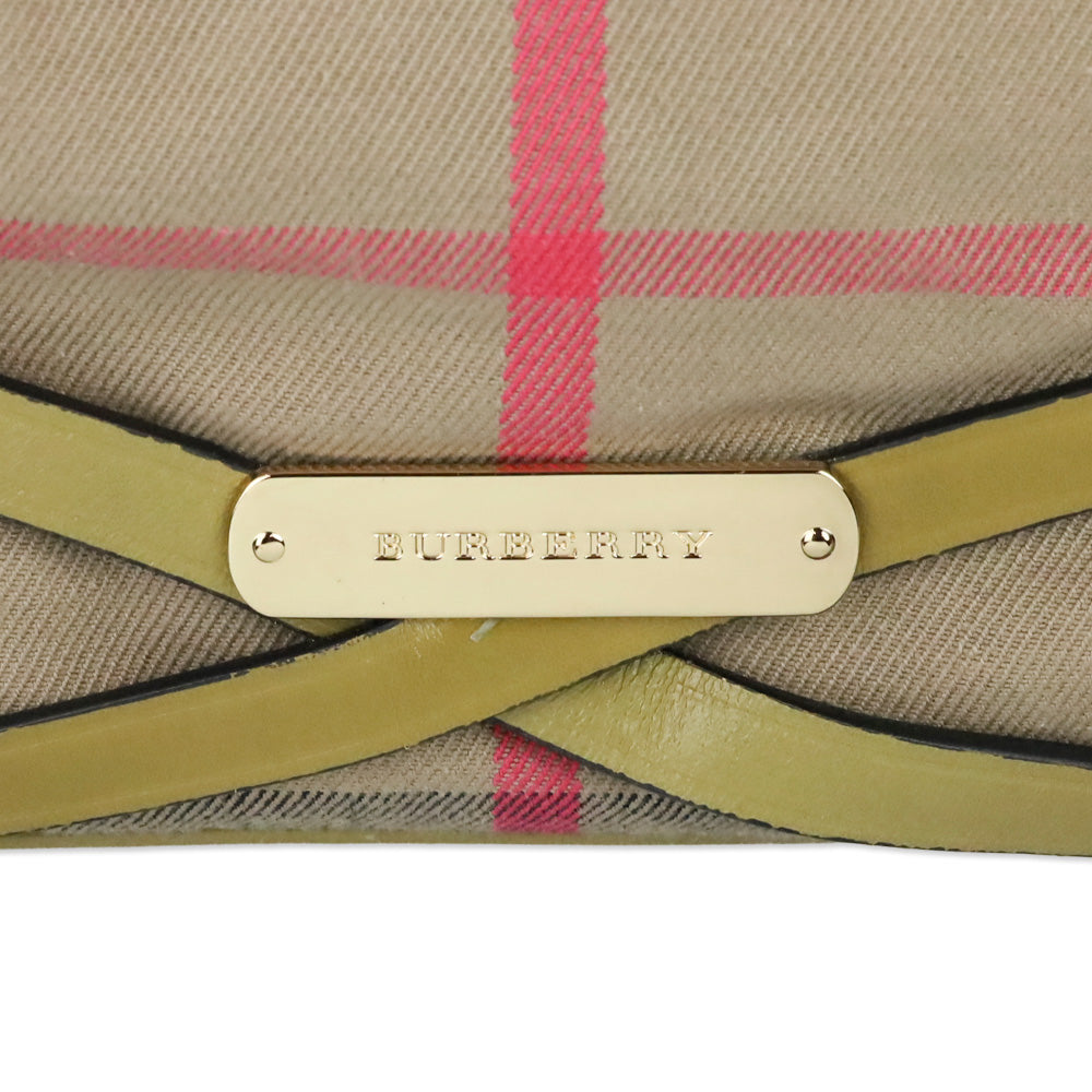 Burberry Olive Green Leather Bridle House Check Canvas Lynher Medium Tote Bag