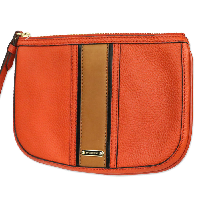 Burberry Orange Leather Brown Stripe Zip Pouch Wristlet