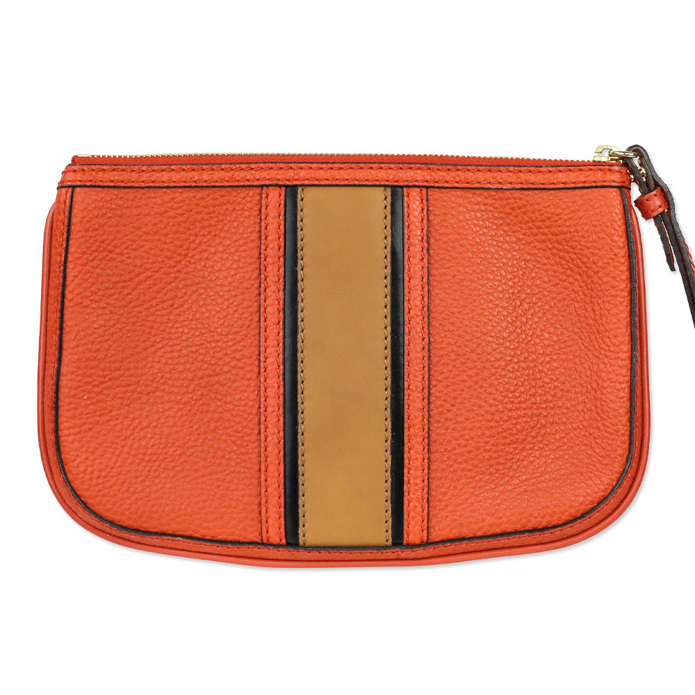 Burberry Orange Leather Brown Stripe Zip Pouch Wristlet