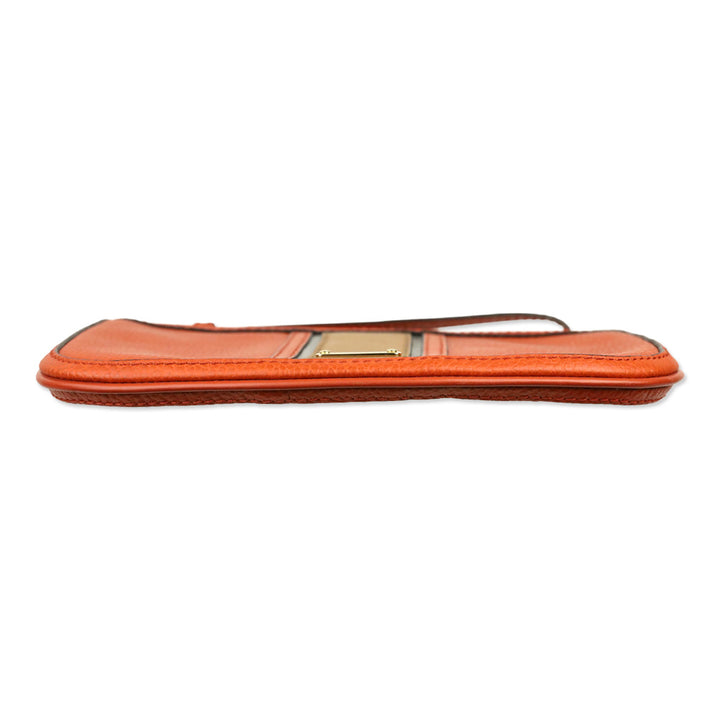 Burberry Orange Leather Brown Stripe Zip Pouch Wristlet