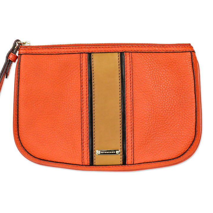 Burberry Orange Leather Brown Stripe Zip Pouch Wristlet
