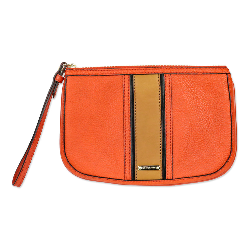 Burberry Orange Leather Brown Stripe Zip Pouch Wristlet
