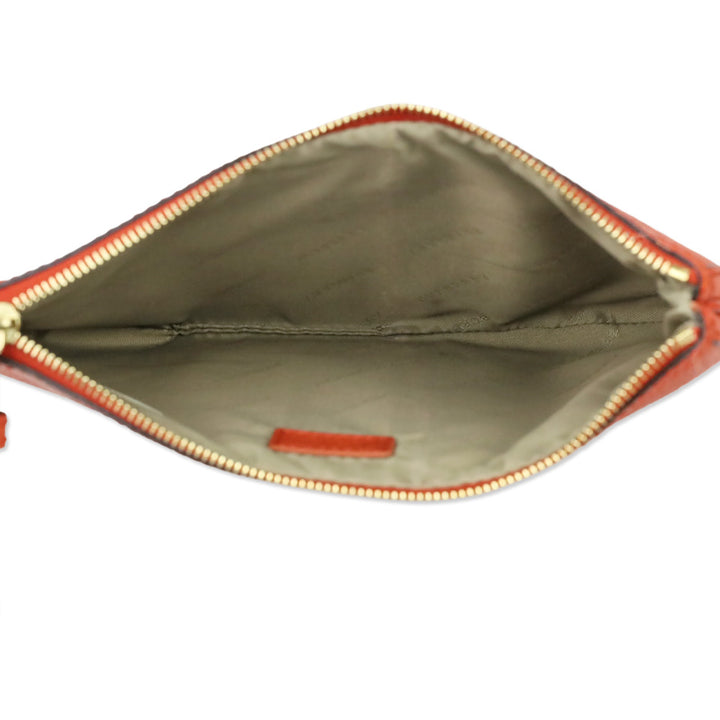 Burberry Orange Leather Brown Stripe Zip Pouch Wristlet