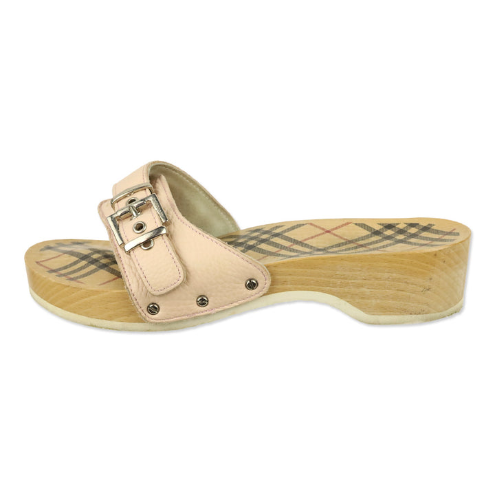 Burberry Pink Leather Buckle Wood Clog Mules Sandals