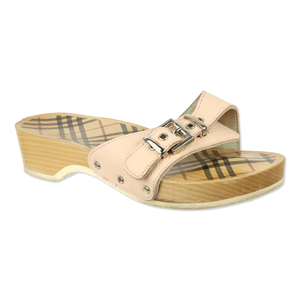 Burberry Pink Leather Buckle Wood Clog Mules Sandals