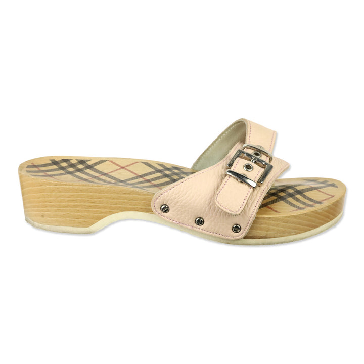 Burberry Pink Leather Buckle Wood Clog Mules Sandals