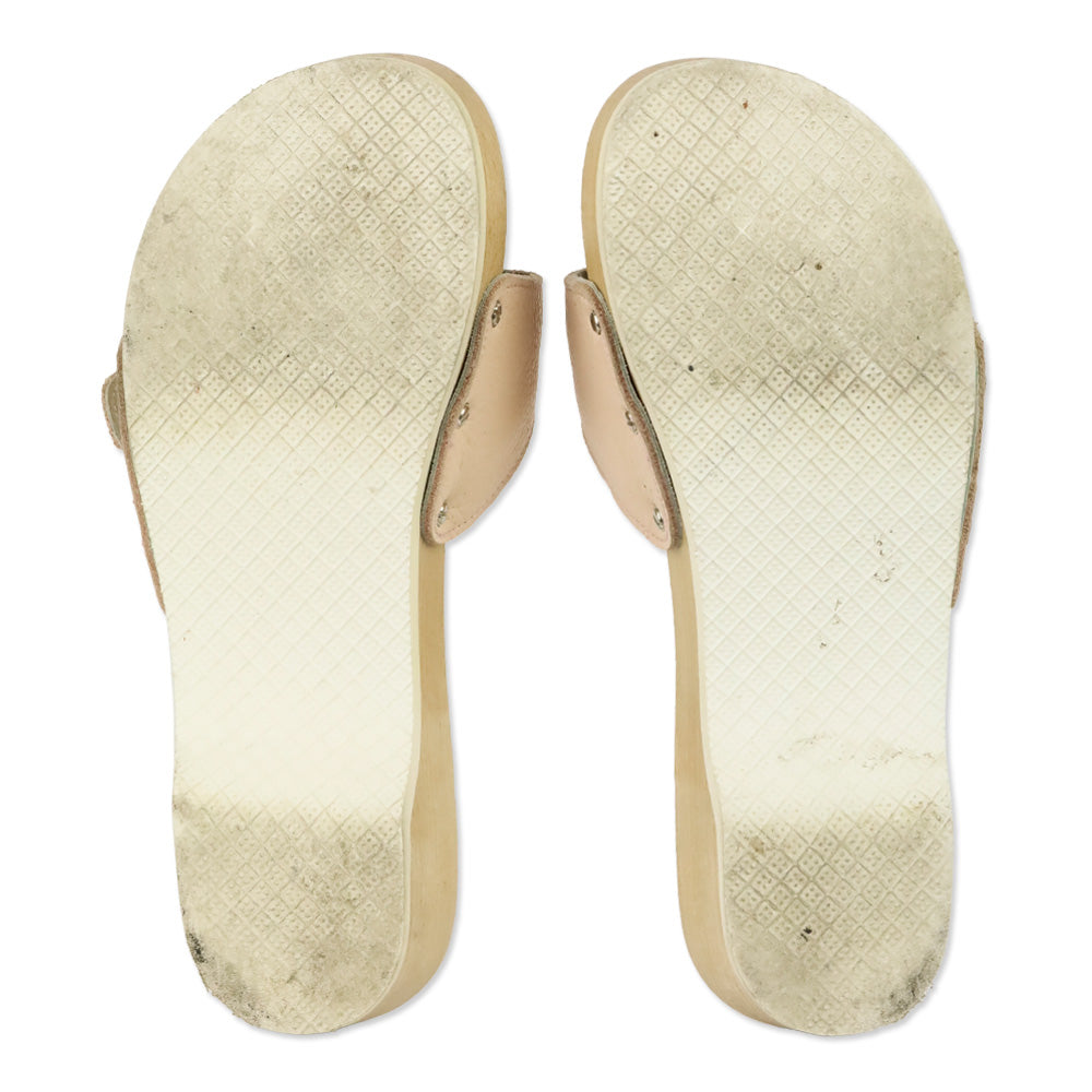 Burberry Pink Leather Buckle Wood Clog Mules Sandals