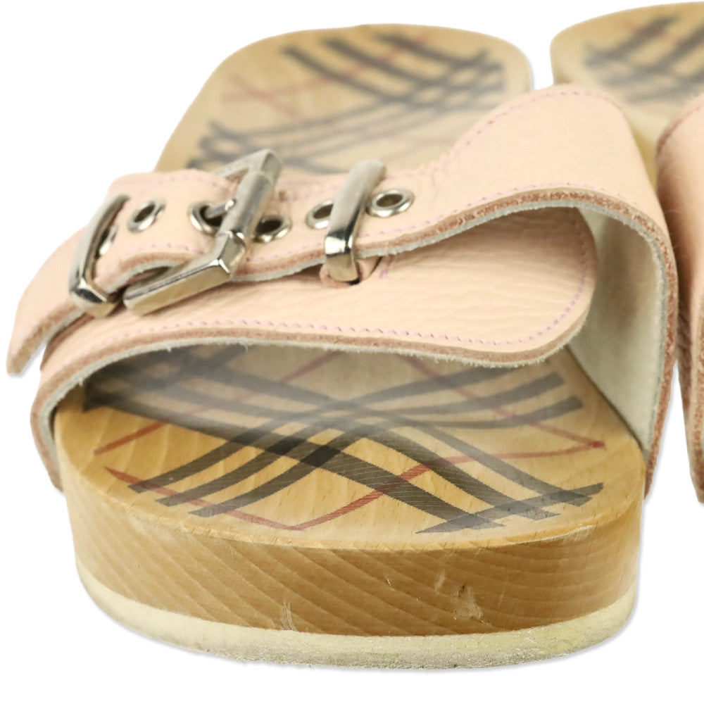 Burberry Pink Leather Buckle Wood Clog Mules Sandals