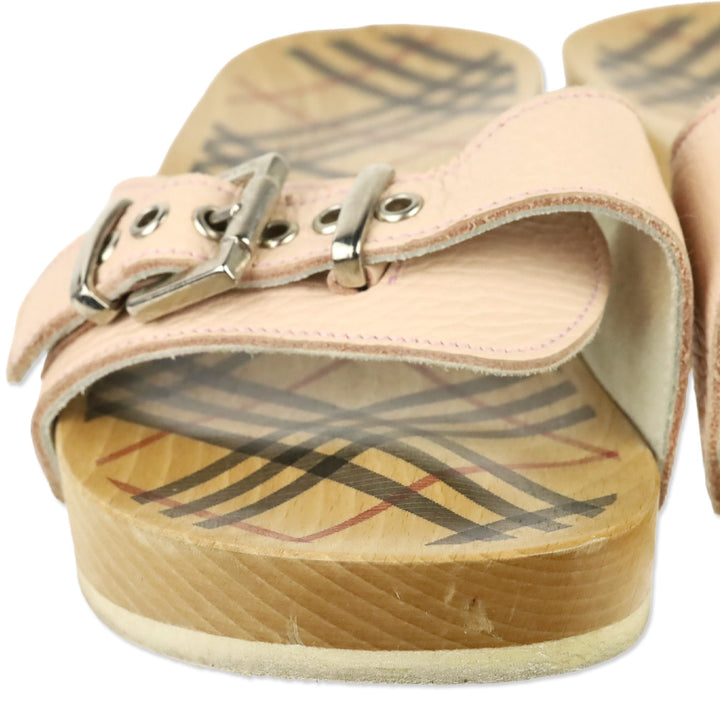 Burberry Pink Leather Buckle Wood Clog Mules Sandals