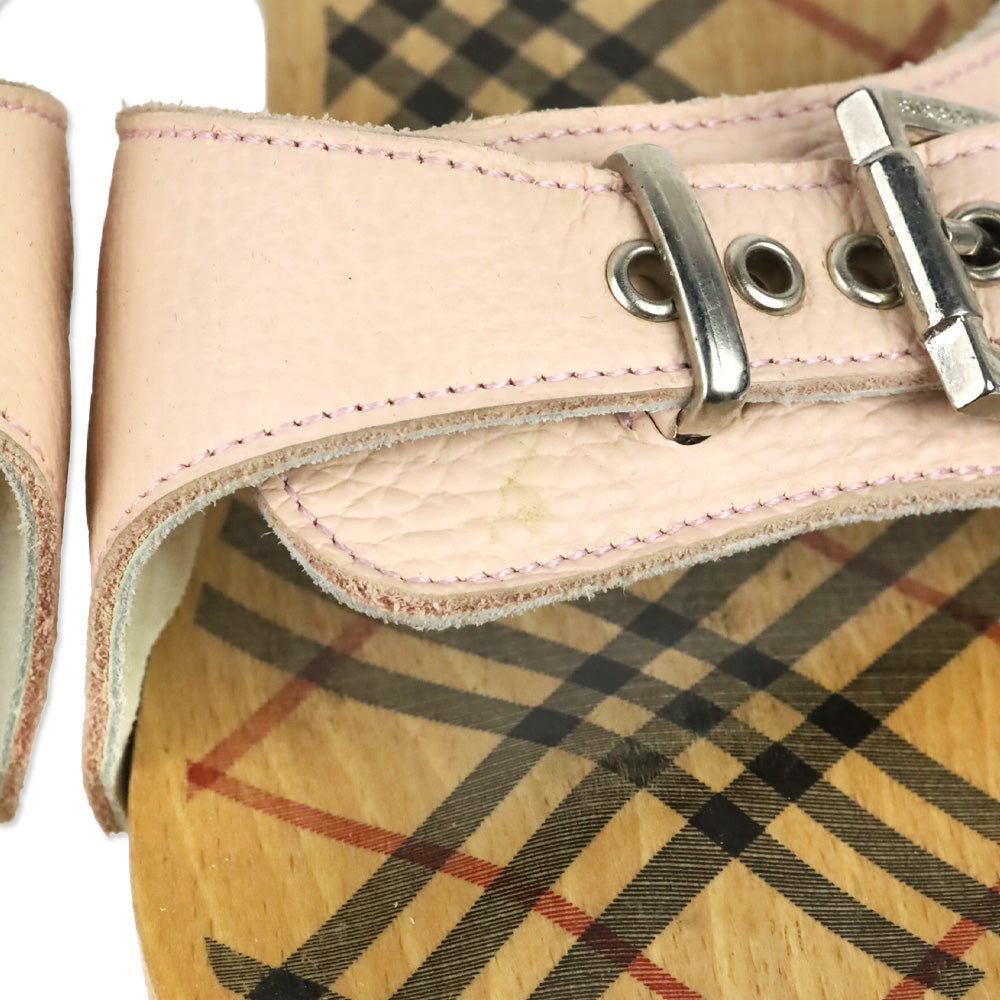 Burberry Pink Leather Buckle Wood Clog Mules Sandals