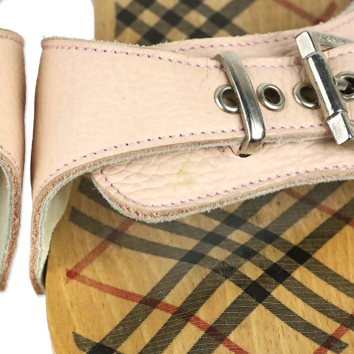Burberry Pink Leather Buckle Wood Clog Mules Sandals
