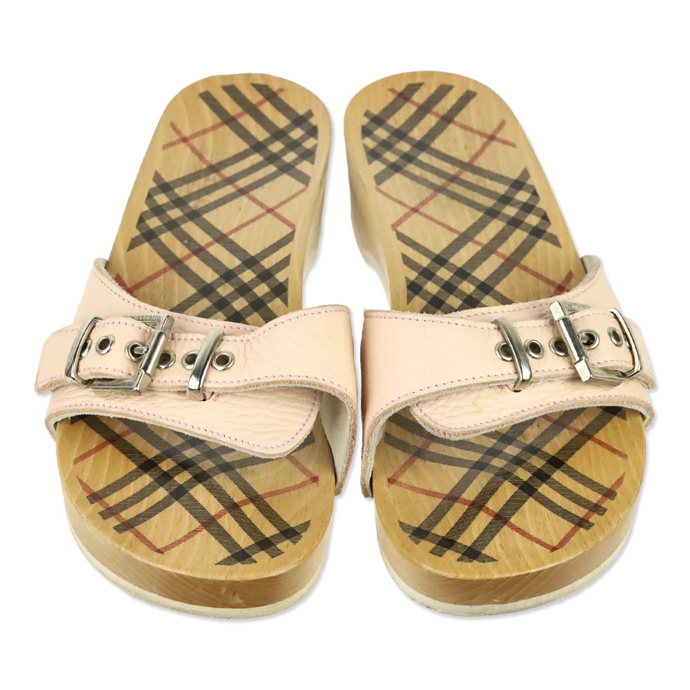 Burberry Pink Leather Buckle Wood Clog Mules Sandals