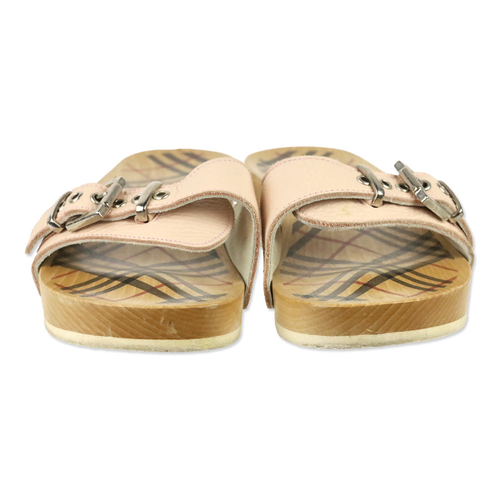 Burberry Pink Leather Buckle Wood Clog Mules Sandals