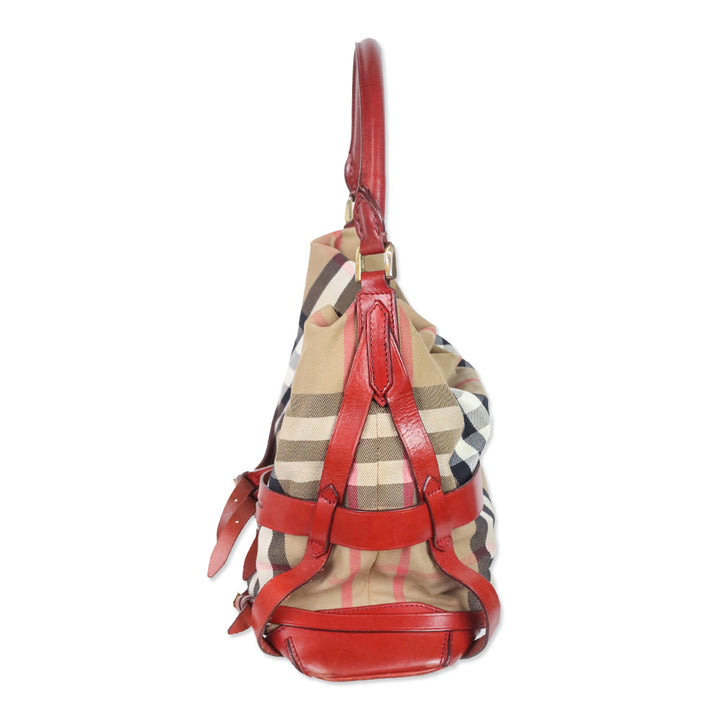 Burberry Red Bridle House Check Canvas Gosford Hobo Bag