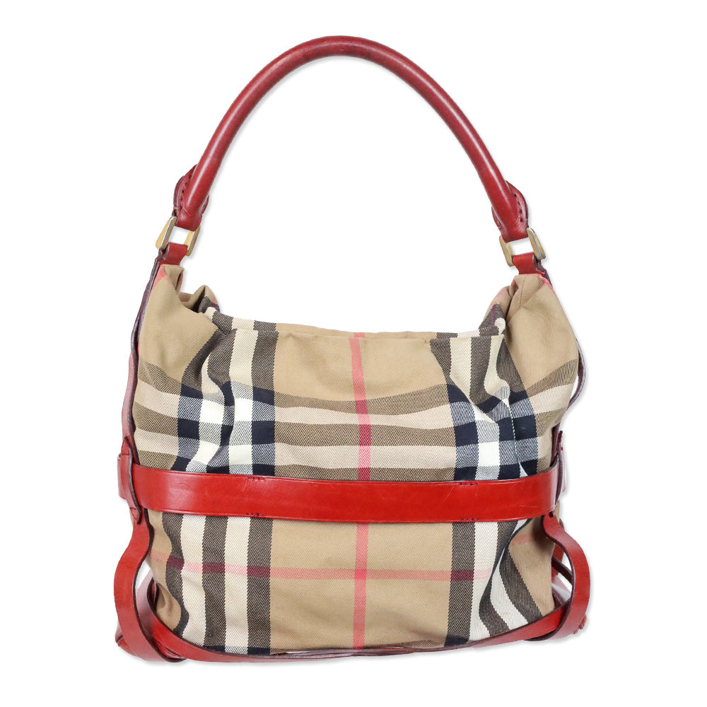 Burberry Red Bridle House Check Canvas Gosford Hobo Bag