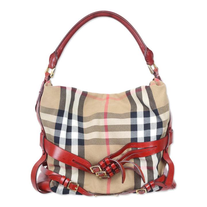 Burberry Red Bridle House Check Canvas Gosford Hobo Bag