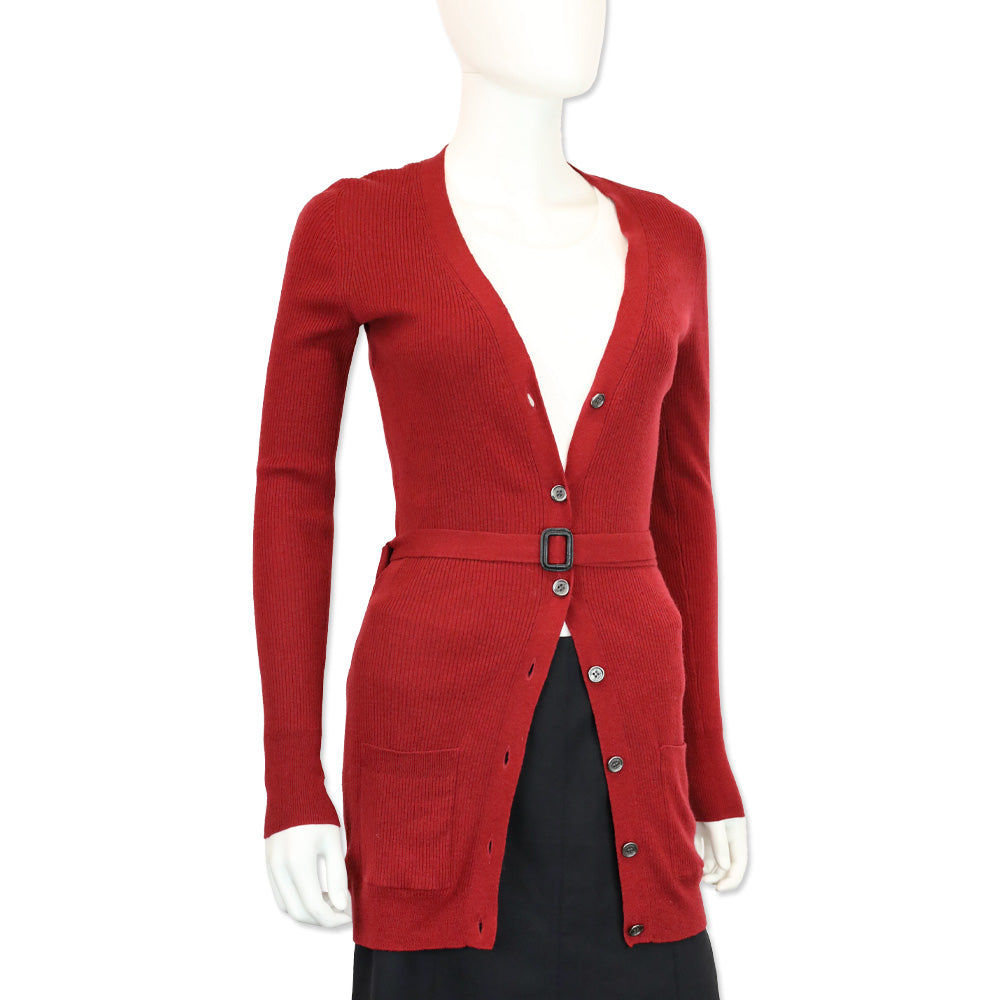 Burberry Red Ribbed-Knit Cashmere Belted Cardigan