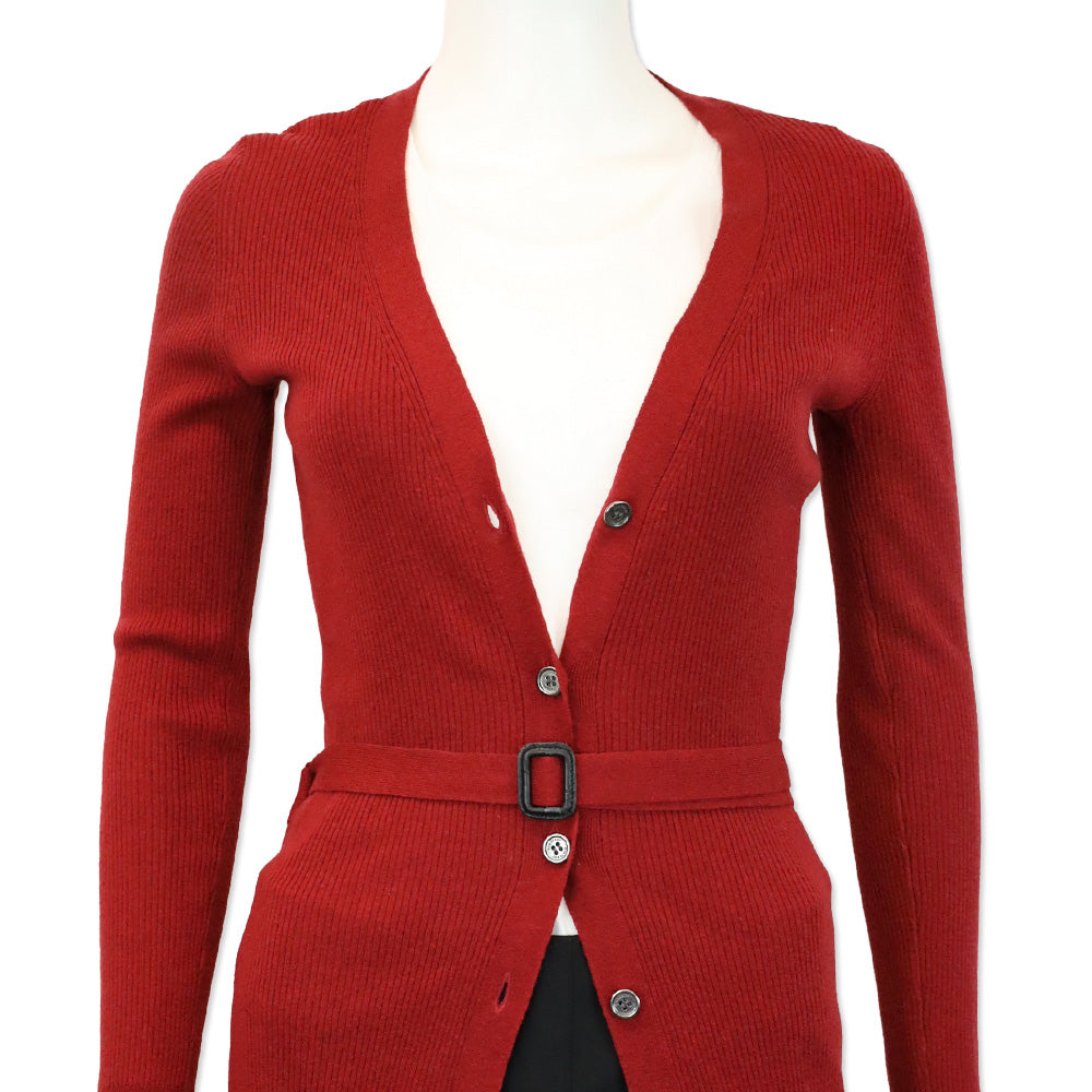 Burberry Red Ribbed-Knit Cashmere Belted Cardigan
