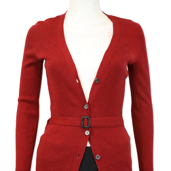 Burberry Red Ribbed-Knit Cashmere Belted Cardigan