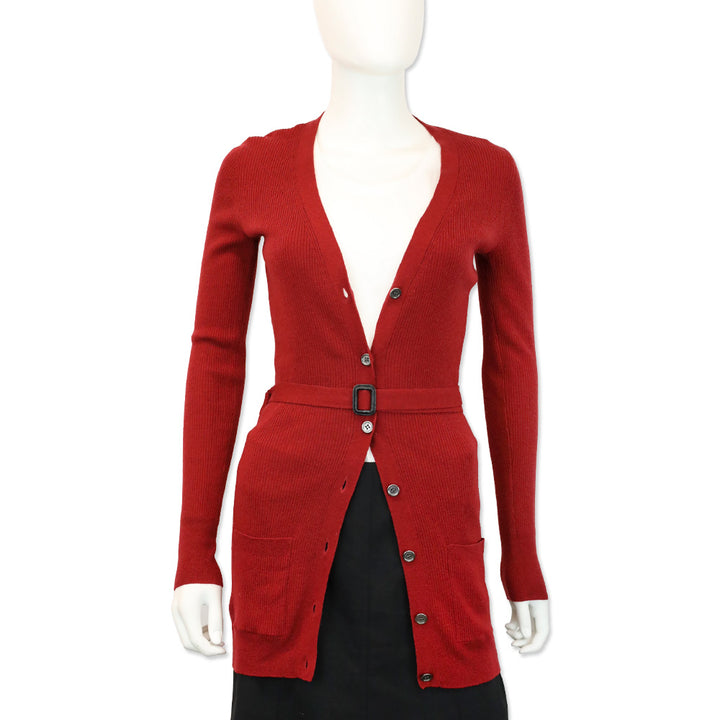 Burberry Red Ribbed-Knit Cashmere Belted Cardigan