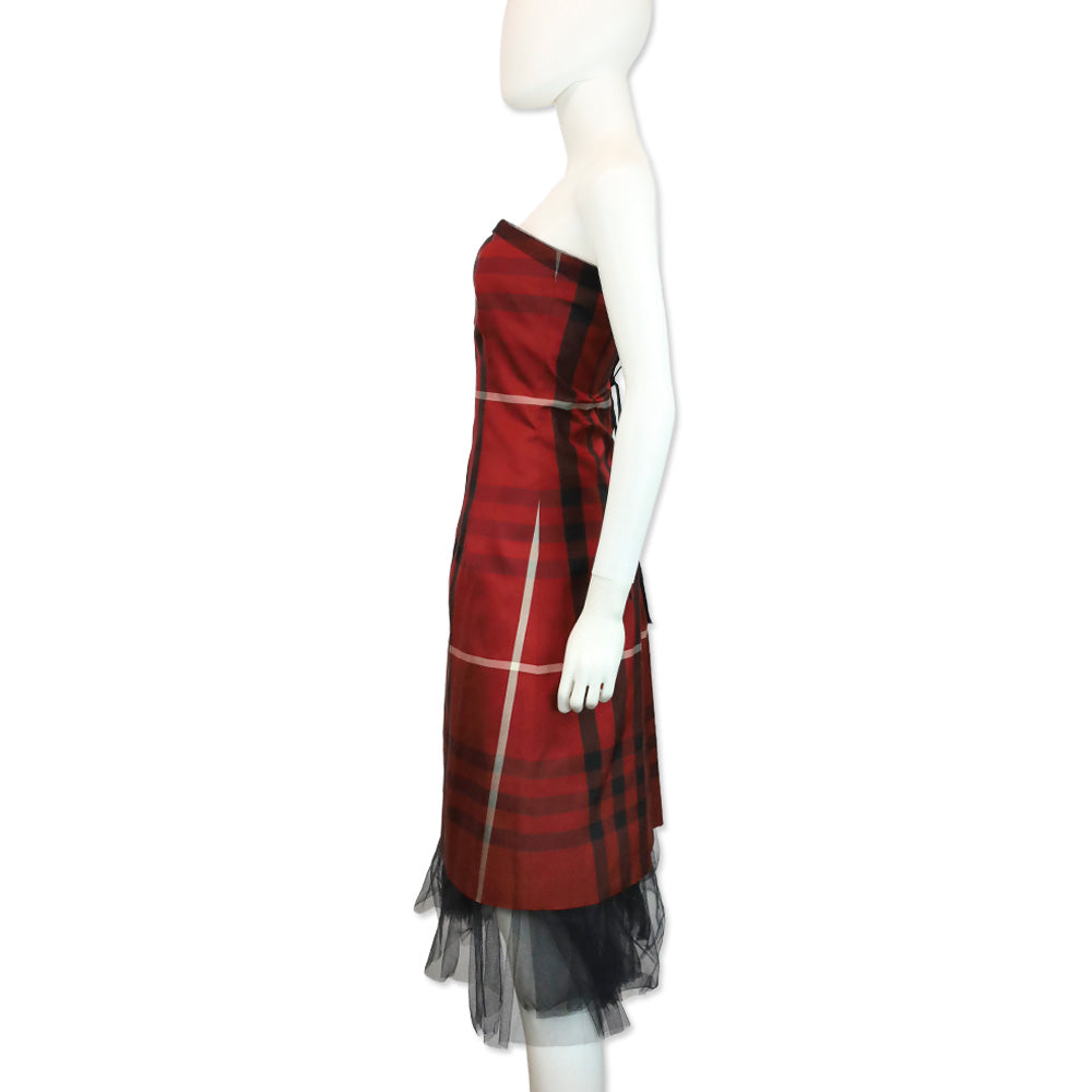 Burberry Red/Black Plaid Pattern Strapless Midi Dress with Black Tulle Trim