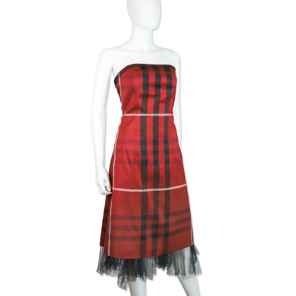 Burberry Red/Black Plaid Pattern Strapless Midi Dress with Black Tulle Trim