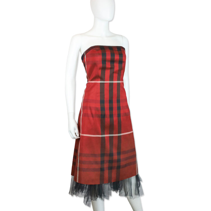 Burberry Red/Black Plaid Pattern Strapless Midi Dress with Black Tulle Trim