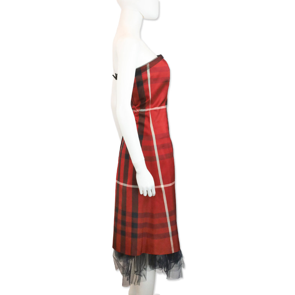 Burberry Red/Black Plaid Pattern Strapless Midi Dress with Black Tulle Trim