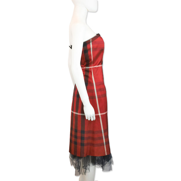 Burberry Red/Black Plaid Pattern Strapless Midi Dress with Black Tulle Trim