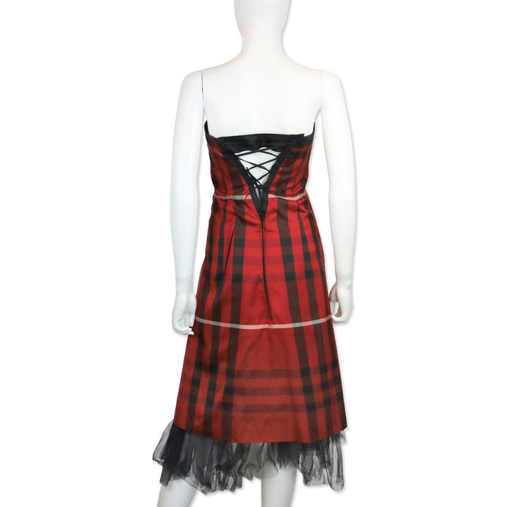 Burberry Red/Black Plaid Pattern Strapless Midi Dress with Black Tulle Trim
