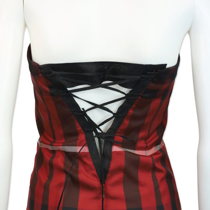 Burberry Red/Black Plaid Pattern Strapless Midi Dress with Black Tulle Trim