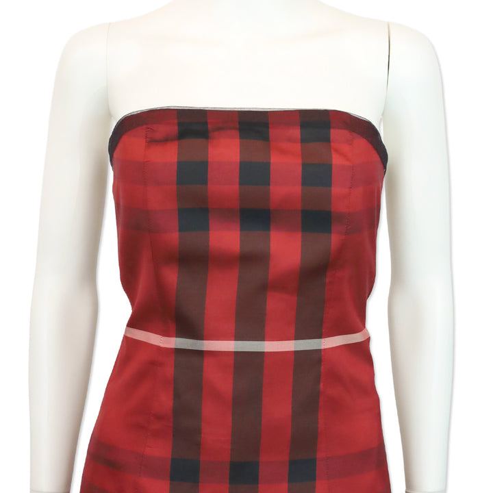 Burberry Red/Black Plaid Pattern Strapless Midi Dress with Black Tulle Trim